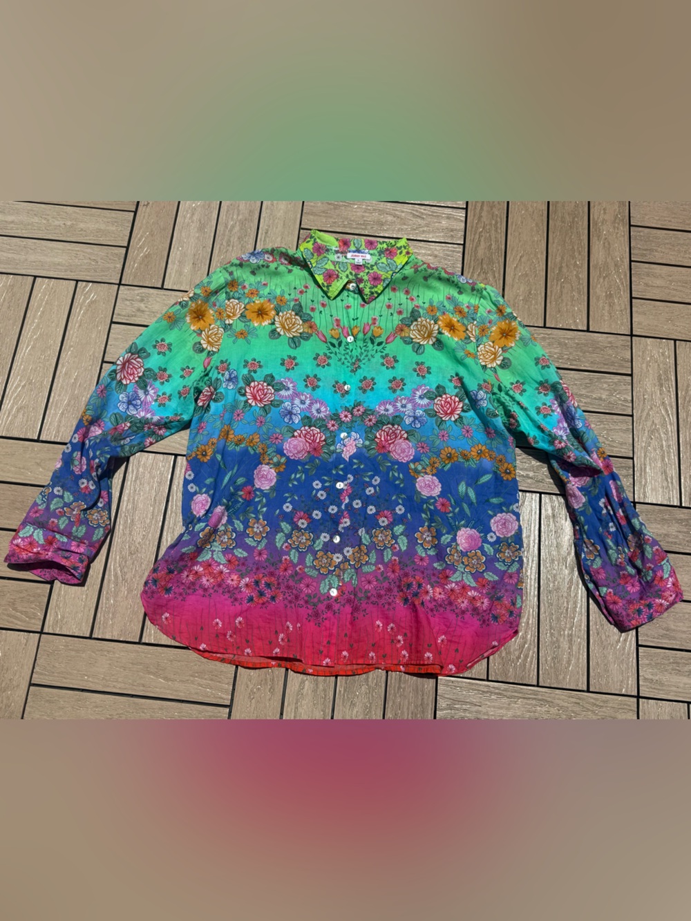 Johnny Was colorful floral button down shirt Rainbow Field Henley Popover tunic - Picture 7 of 10